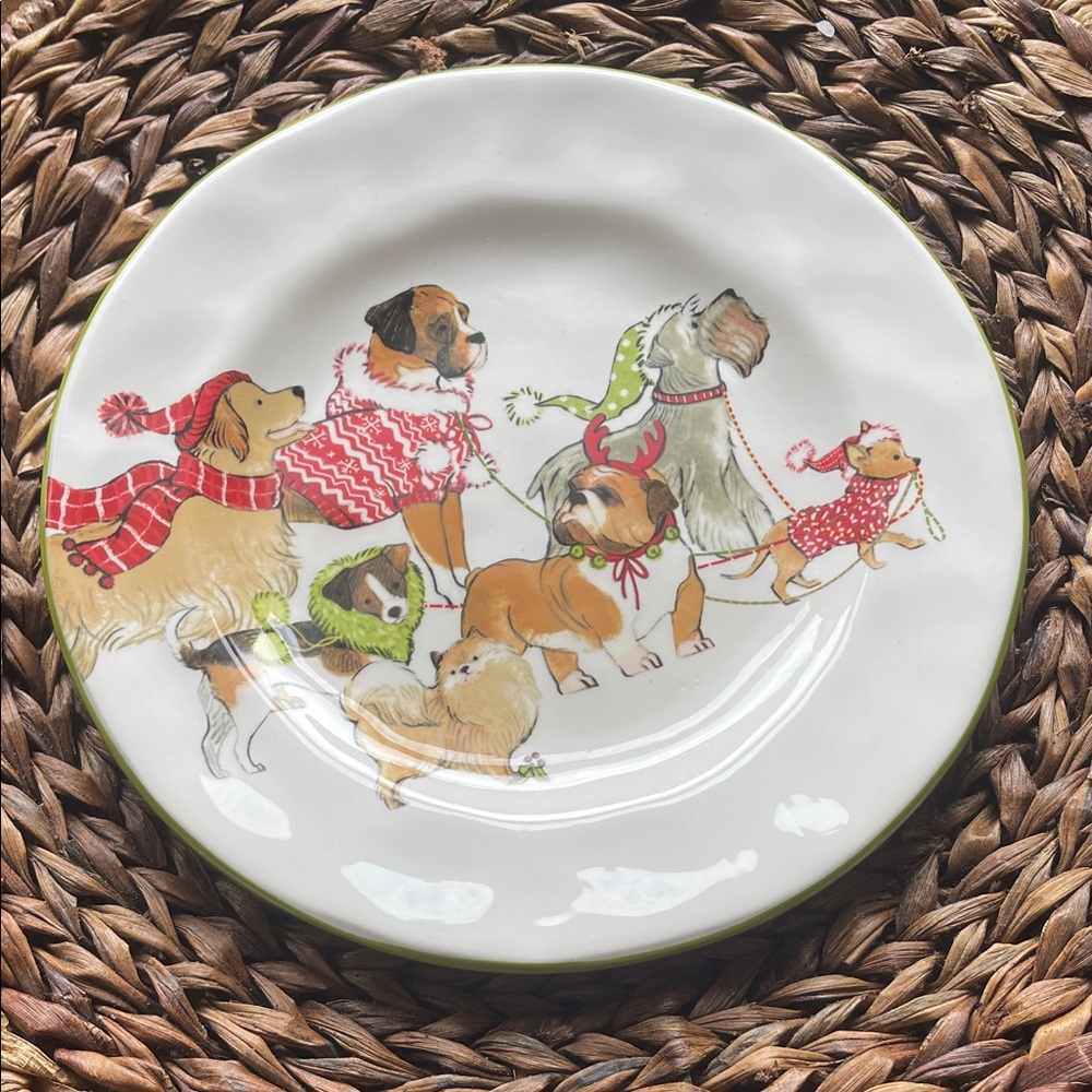 Pier 1 Park Avenue Christmas Puppies salad plates Hand Painted Ironstone
